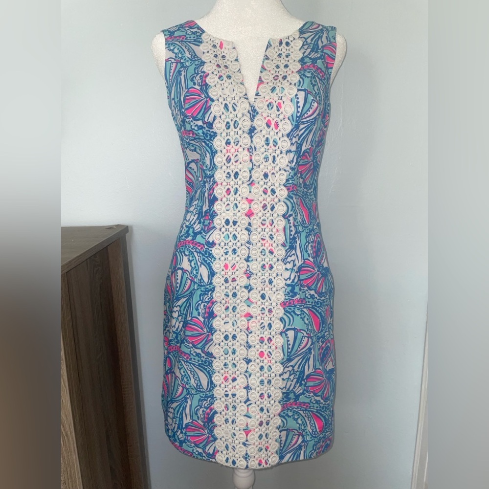 Lilly Pulitzer Blue & Pink Sleeveless Mini Dress with Lace Panel